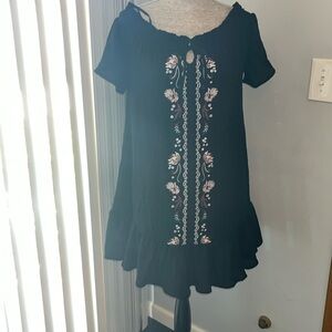 LOVE FIRE Embroidered Boho  DRESS Crepe Ruffle CottageCore size Large